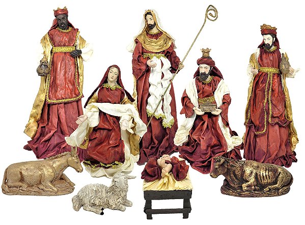 Presépio De Natal Poliresina e Tecido Luxo Grande 40cm 9 Peças - Master Christmas