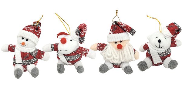 Kit 4 Bonecos Pelúcia Pendente Natal 14cm Papai Noel, Boneco de Neve, Rena e Urso - Master Christmas