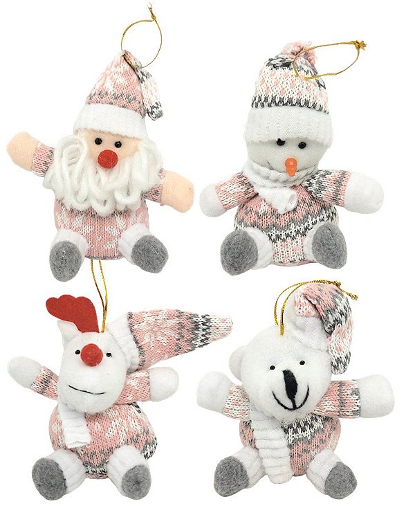 Kit 4 Bonecos Natalinos Pelúcia Pendente Rosa e Cinza 14cm Papai Noel, Boneco de Neve, Rena e Urso - Master Christmas
