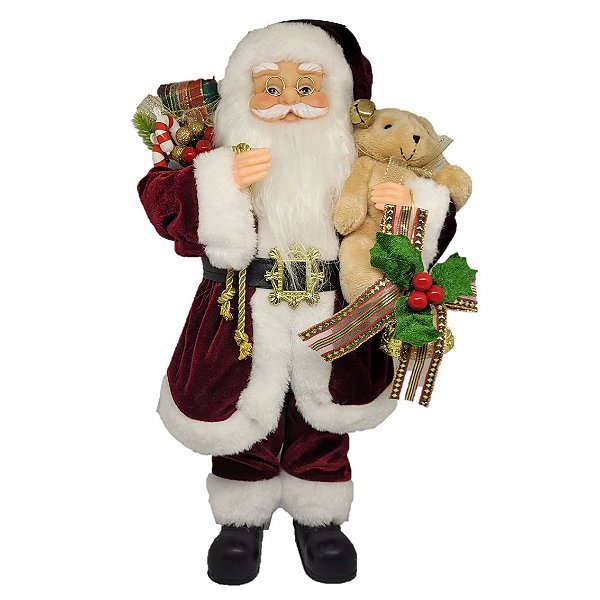 Papai Noel Casaco Vinho Luxo 40cm com Mini Urso Pelúcia, Sino Dourado e Saco Presentes - Master Christmas