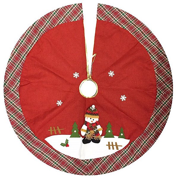 Saia Árvore Natal Decor Vermelho Xadrez Boneco de Neve 110cm