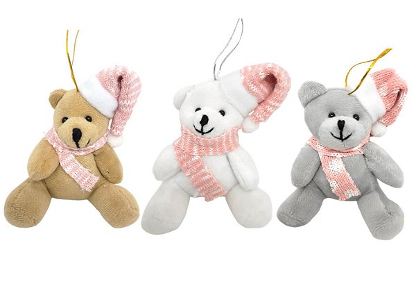 Jogo Mini Urso Pelúcia Natalina Pendente  Cachecol e Gorrinho Rosa 12cm Marrom, Cinza e Branco 3 Unidades