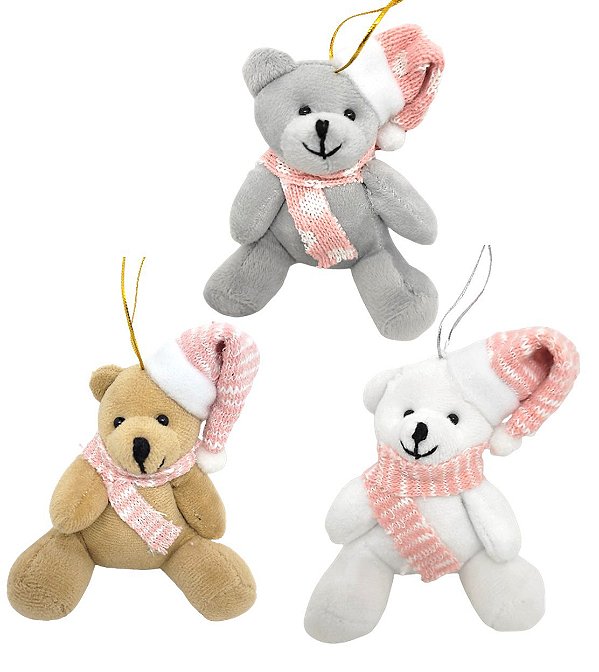 Kit 3 Ursinhos Pelúcia Natal Prime Gorrinho e Cachecol Rosa 12cm - Master Christmas