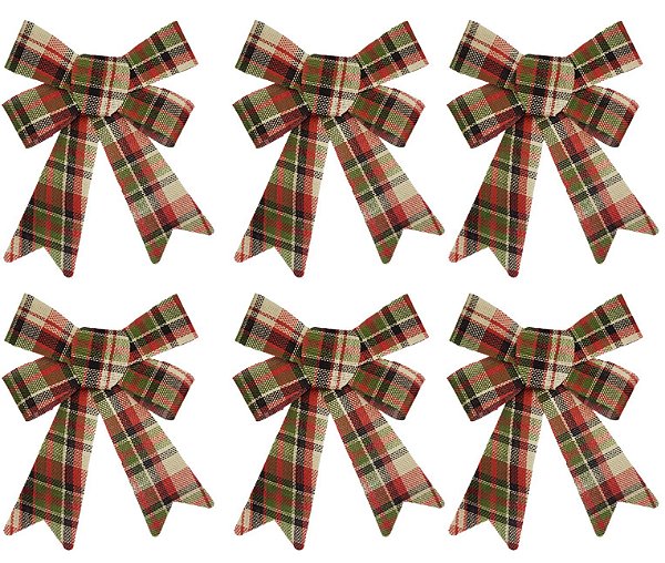 Kit 6 Laços Xadrez Bege com Vermelho e Verde Natal Modelo Rígido 16cm - Magizi