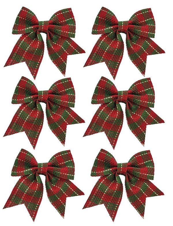 Kit 6 Laços Xadrez Rústico Vermelho e Verde Natal Modelo Rígido 12cm - Magizi