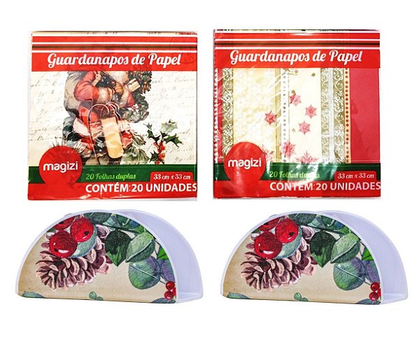 Kit 2 Porta Guardanapo Melamina Natal e Guardanapos de Papel 40 Folhas Duplas 33x33cm - Magizi