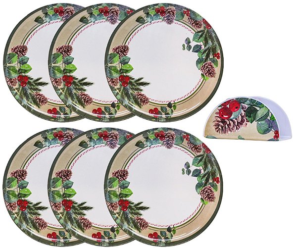 Conjunto 6 Pratos de Mesa Refeição e Porta Guardanapo Melamina Natal - Magizi