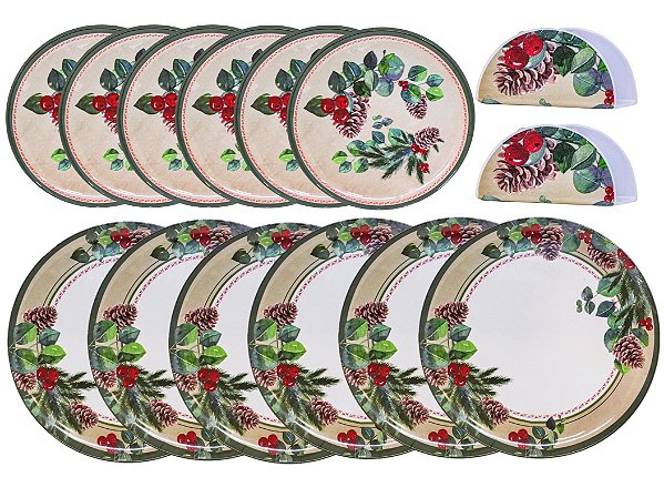 Conjunto de Refeição Melamina Natal 14 Peças Pratos e Porta Guardanapo Estampado Pinhas - Magizi