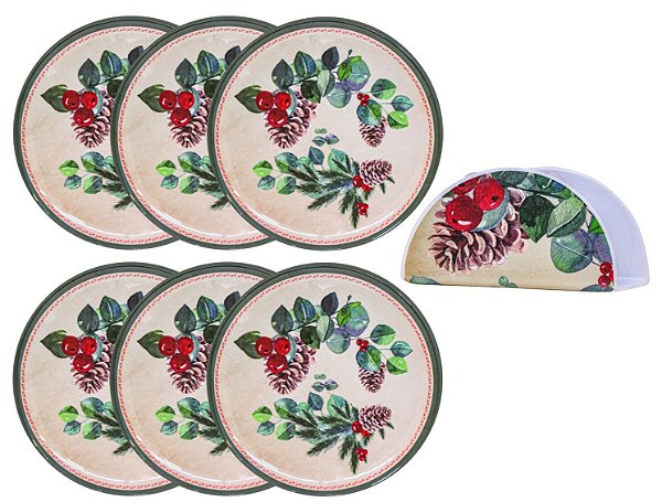 Kit 6 Pratos Sobremesa e Porta Guardanapo Melamina Estampa Natalina Pinhas - Magizi