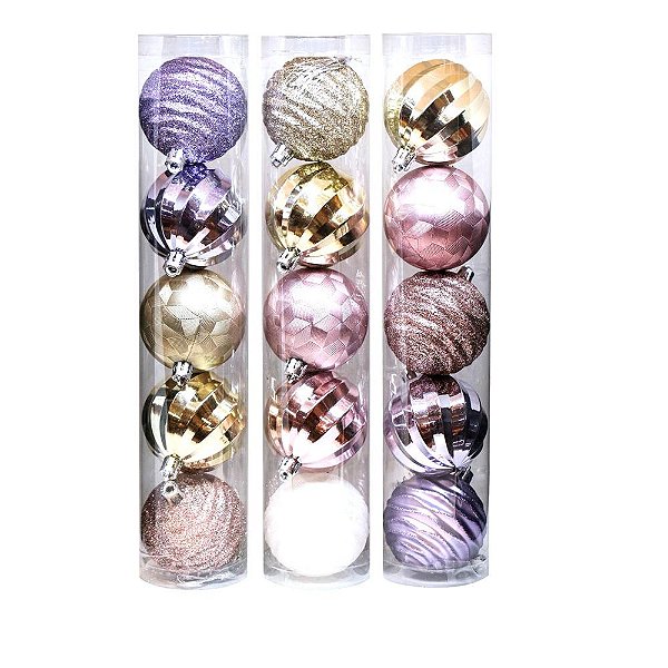 Kit 15 Bolas Mistas Premium Decoradas Natal Rosê Gold, Dourado e Lilás 6cm - Magizi