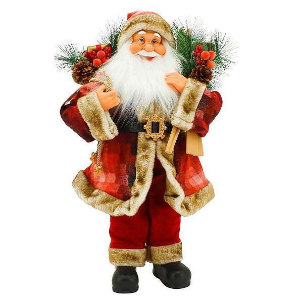 Papai Noel Casaco Rústico Vinho Decorado Saco de Presentes e Ski 60cm - Magizi