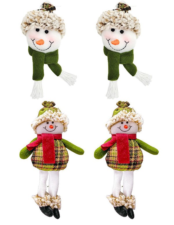Kit Carinha Boneco de Neve 13cm e Pelúcia Pendente 25cm Tricot Scoth Xadrez Vermelho 4 Peças - Magizi