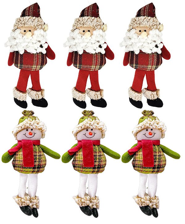 Kit Papai Noel e Boneco de Neve Pelúcia Pendente 25cm Tricot Scoth Xadrez Vermelho e Verde 6 Peças - Magizi