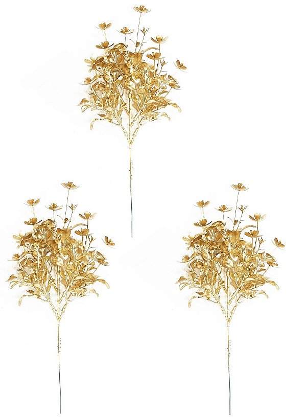 Kit 3 Galhos Natal Folhagens Metalizadas Glitter Dourado 28cm - Magizi