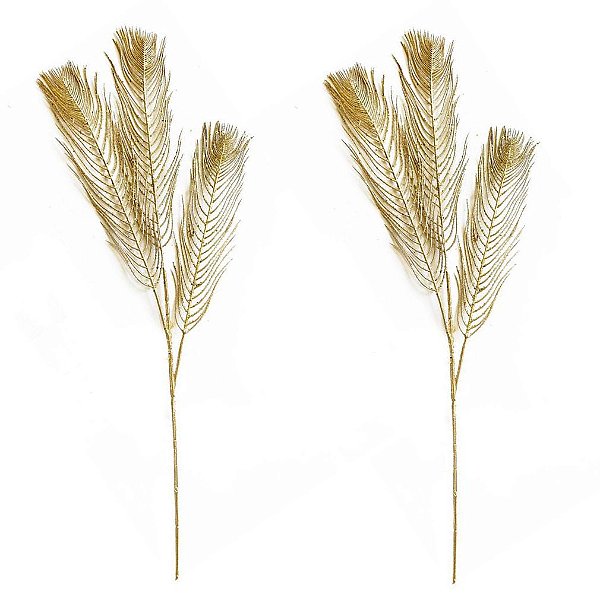 Kit 2 Galhos Folhagens Para Arranjo Natal Metalizado Dourado 40cm - Magizi