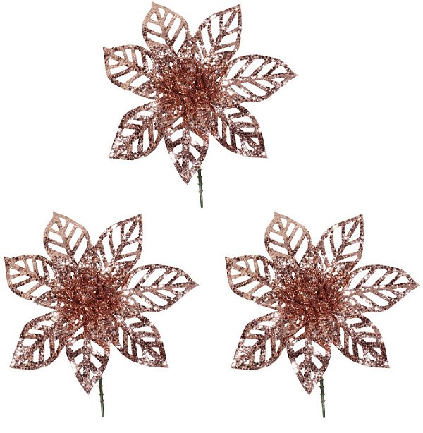 Kit 3 Flores Pick Natal Bico de Papagaio Glitter Rosê Gold Vazado 15cm - Magizi
