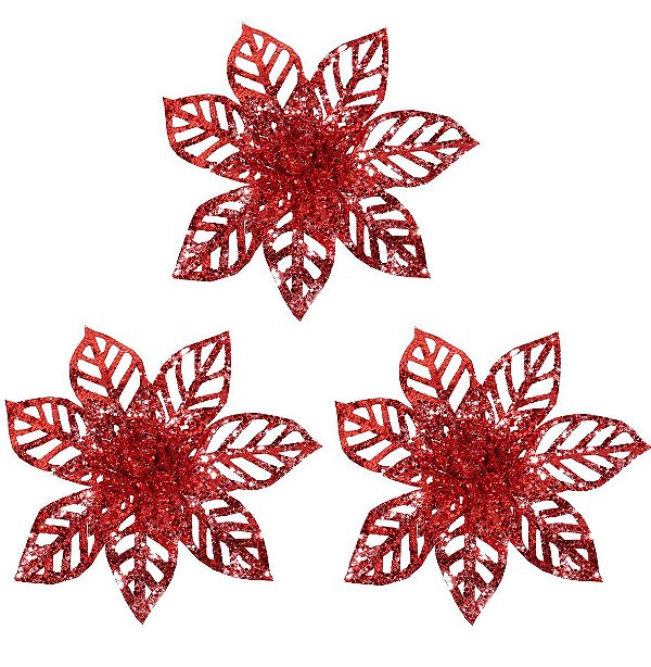 Kit 3 Flores Pick Natal Bico de Papagaio Glitter Vermelho Vazado 15cm - Magizi