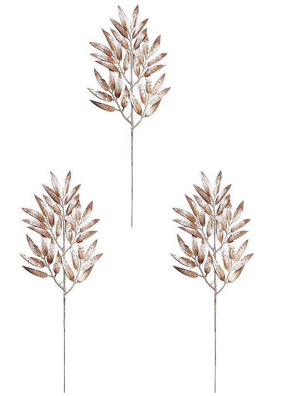 Kit 3 Galhos Natal Folhagens Metalizadas Glitter Rosê Gold 40cm - Magizi