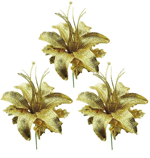 Jogo Flor Lírio Natalino Glitter Dourada 24cm 3 Unidades - Yangzi