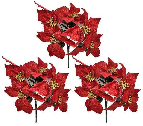 Kit 3 Buquê Natal Bico de Papagaio Vermelho Veludo 5 Flores 30cm - Master Christmas