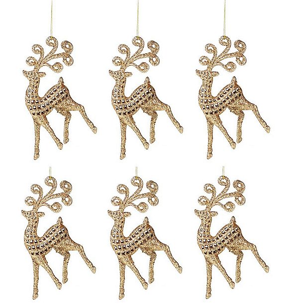 Kit Rena Gliter Dourado Pendente 13cm 6 Pç Enfeite Árvore