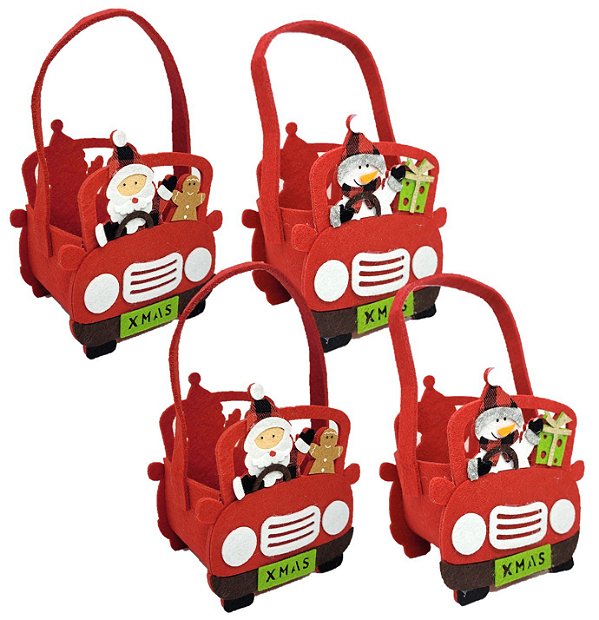 Kit 4 Cachepô Feltro Natal Carro com Alça Decorado Papai Noel e Boneco de Neve 20cm - Master Christmas