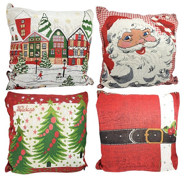 Kit 4 Capas de Almofada Gobelin Estampa Natal Premium 45x45cm - Magizi