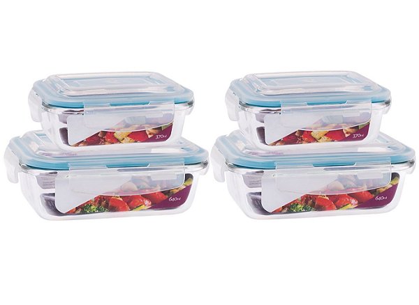 Jogo 4 Potes Vidro Retangular Tampa Hermética com Travas 370ml e 640ml - Quality House