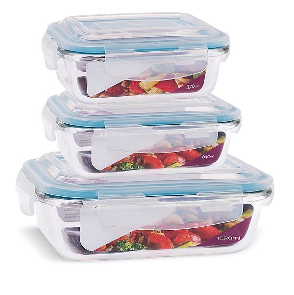 Jogo 3 Potes Vidro Retangular Tampa Hermética com Travas 370ml, 640ml e 1520ml - Quality House