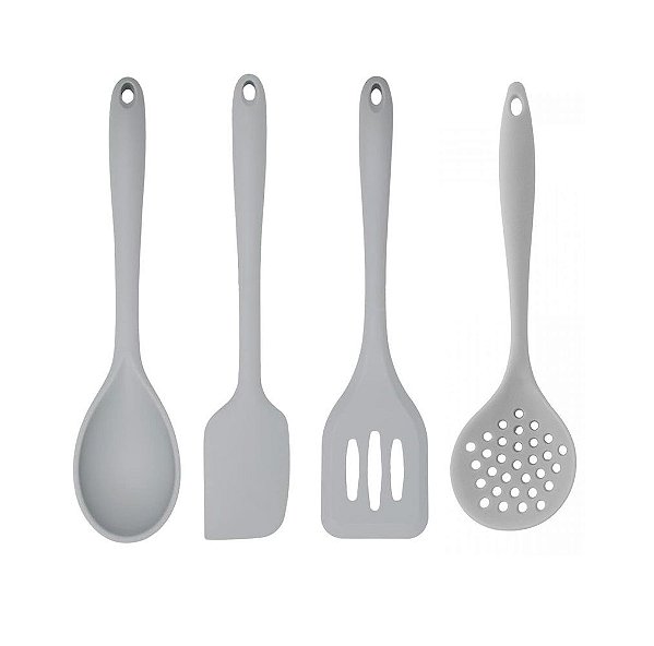 Jogo Utensílios de Cozinha Colheres Silicone Cinza 4 Peças - Quality House