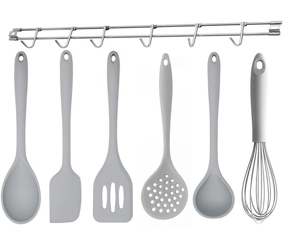 Jogo Utensílios de Cozinha Colheres Silicone Cinza 6 Peças e Suporte de Parede - Quality House