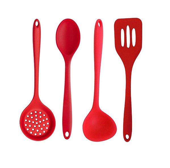 Jogo Utensílios Cozinha Colher, Espátula, Concha e Escumadeira Silicone Vermelho - Quality House