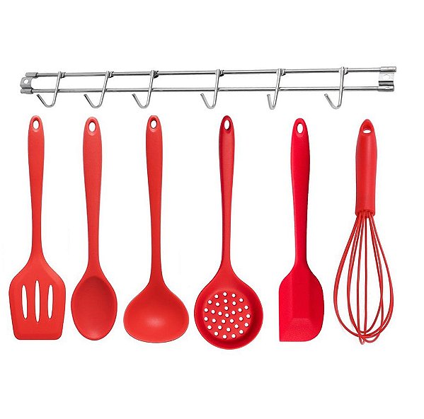 Jogo Utensílios de Cozinha Colheres Silicone Vermelho 6 Peças e Suporte de Parede - Quality House