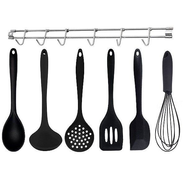 Jogo Utensílios de Cozinha Colheres Silicone Preto Black 6 Peças e Suporte de Parede - Quality House
