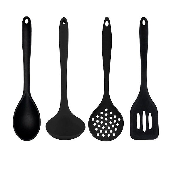 Jogo Utensílios de Cozinha Colher, Concha, Escumadeira e Espátula Silicone Preto - Quality House