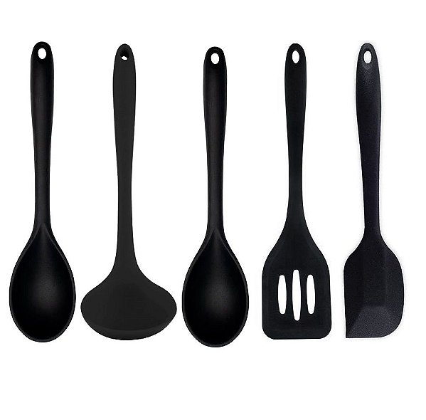Jogo Utensílios de Cozinha Colheres Silicone Preto Black 5 Peças - Quality House