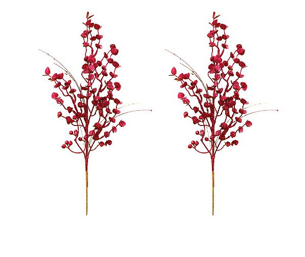 Kit 2 Galhos De Natal Multi Folhagem Glitter Vermelho 80cm - Magizi