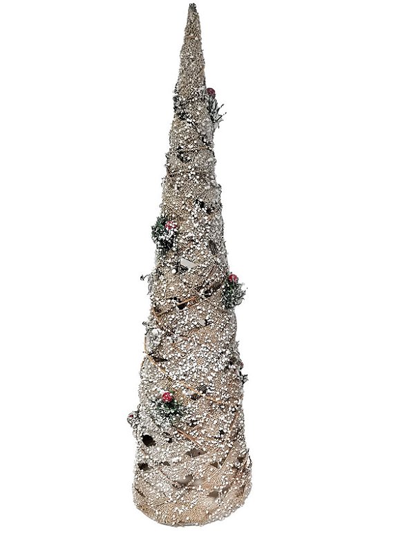 Árvore de Natal Cone Aramado Decorado Rattan Juta Nevada 60cm - Magizi