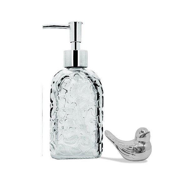 Kit Banheiro Decor Porta Sabonete Líquido Vidro Clear e Mini Pássaro Cerâmica Prata