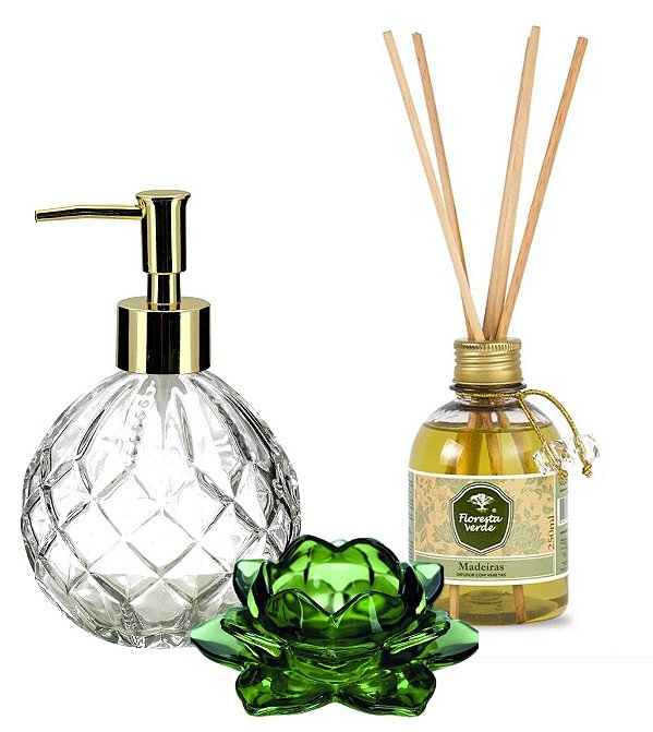 Jogo Lavabo Elegance 3 Peças Saboneteira, Difusor de Aromas Madeiras e Porta Velas Vidro Flor Lótus Verde