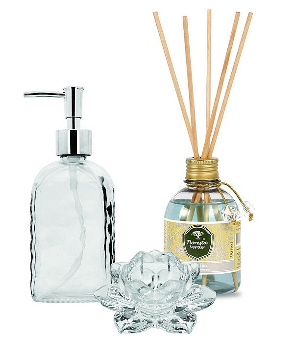 Kit Banheiro Elegante 3 Peças Saboneteira, Difusor de Aromas Algodão e Porta Velas Vidro Flor Lótus