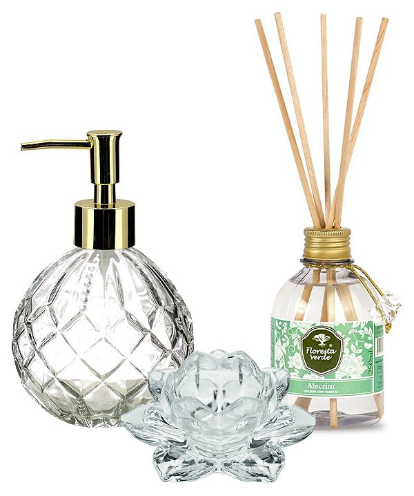 Kit Banheiro Elegante 3 Peças Porta Sabonete, Difusor de Aromas Alecrim e Porta Velas Vidro Flor Lótus