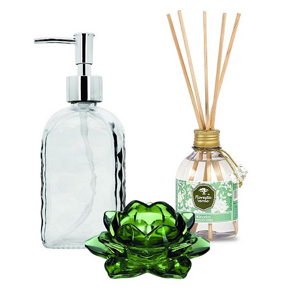 Kit Banheiro 3 Peças Porta Sabonete Líquido, Difusor de Aromas Alecrim e Porta Velas Vidro Flor Lótus Verde