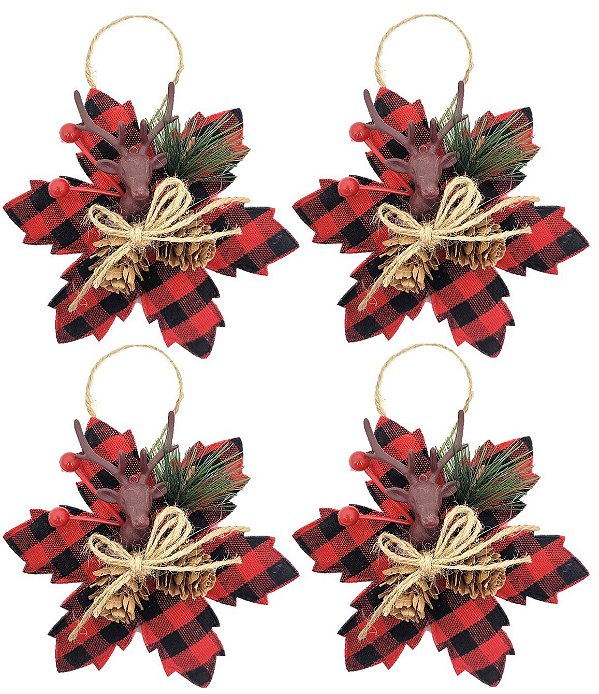 Kit 4 Flores Bico de Papagaio Pendente Tecido Decorado Xadrez Rena e Pinhas 14cm - Master Christmas