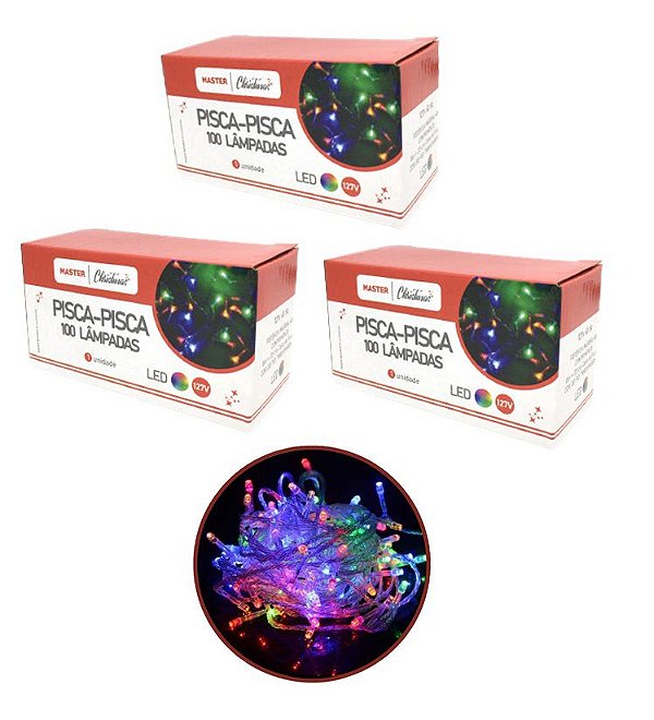 Kit 3 Pisca Pisca 100 Lâmpadas LED Colorido 8 Funções 127V