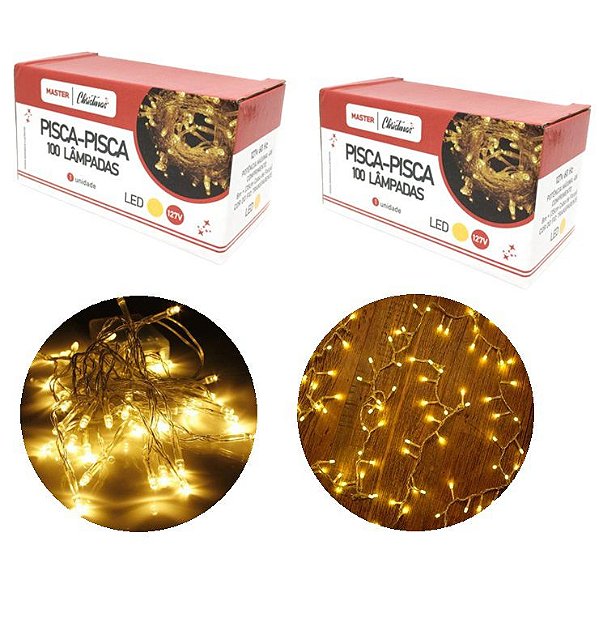 Kit 2 Piscas 100 Lâmpadas LED Branco Quente 8 Funções 127V