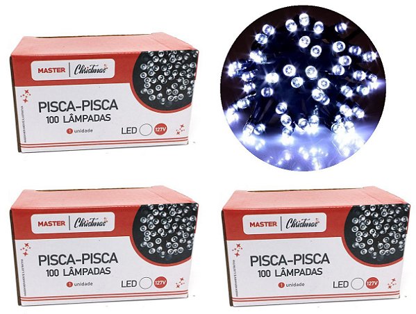 Jogo 3 Pisca Pisca 100 Lâmpadas LED Branco 8 Funções 127V