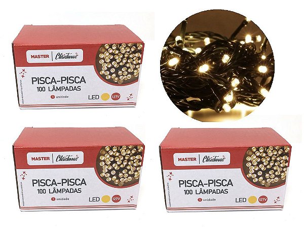 Jogo 3 Pisca Pisca 100 Lâmpadas LED Branco 8 Funções 127V