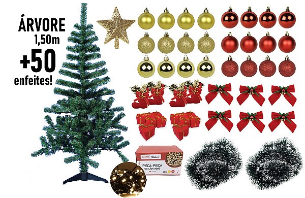 Árvore de Natal Canadense 1,50m Com 50 Enfeites Incluso Pisca LED 100 Lâmpadas - Master Christmas