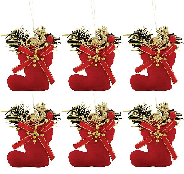 Kit 6 Botinhas Veludo Vermelho Decoradas Mini Rena e Corneta Dourada 7cm - Magizi